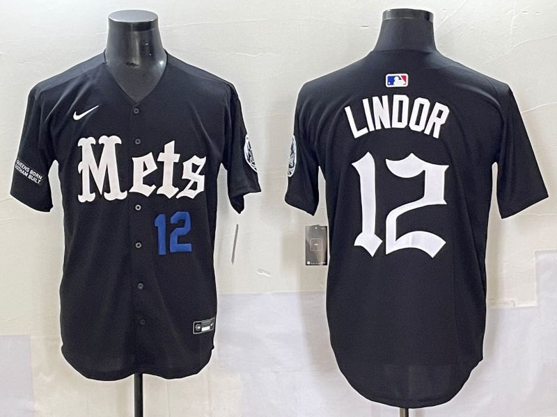 Men 2025 New York Mets 12 Lindor Black Five generations Joint Name Nike MLB Jersey style 5